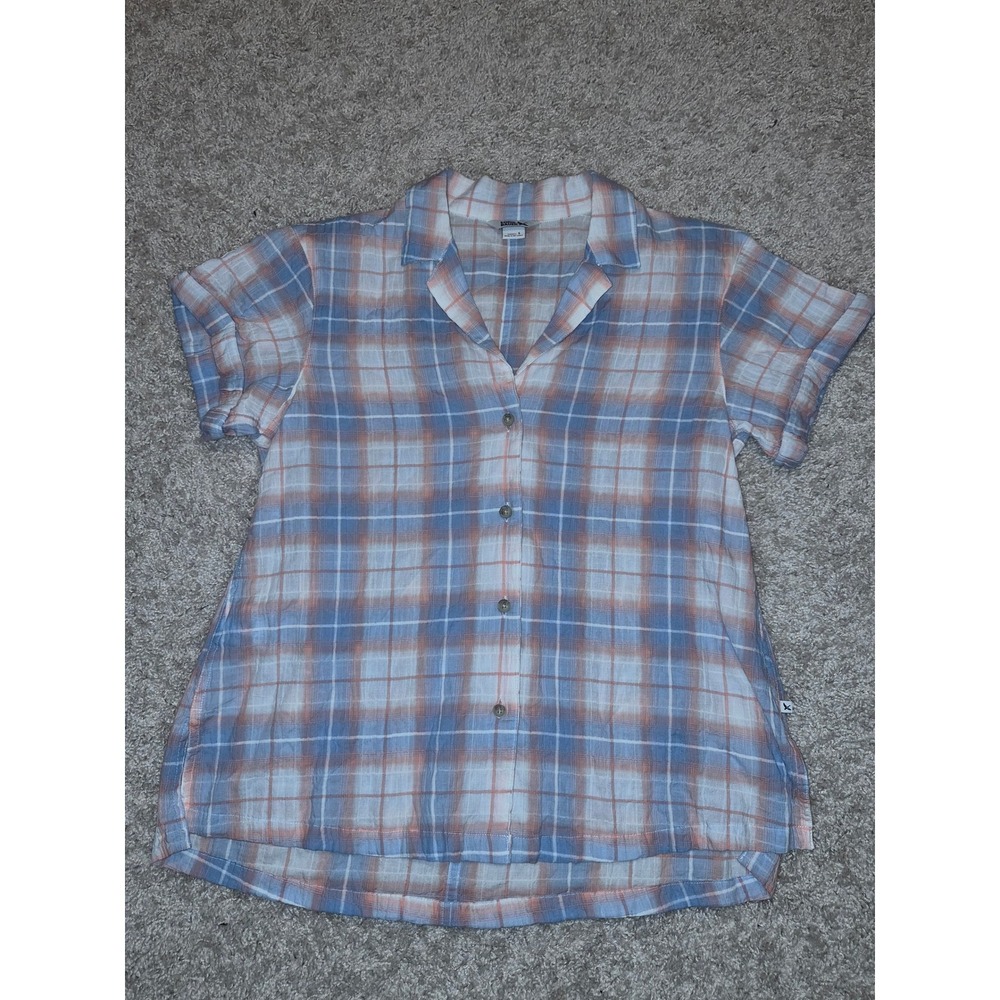 Eddie Bauer Womens Blue Peach Plaid Short Sleeve Button Down Shirt Small